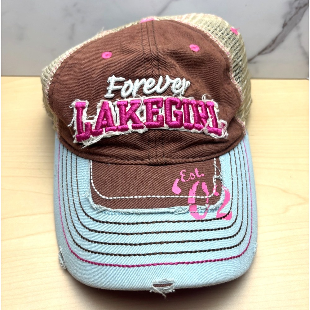 Lakegirl Forever Lakegirl 2012 Distressed Trucker Hat Brown Pink Blue Mesh Cap